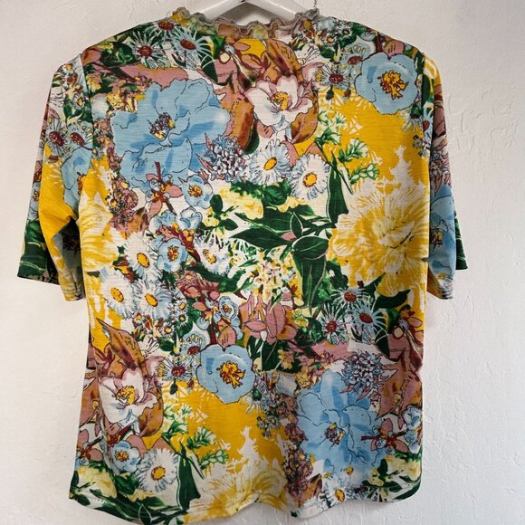 Womens Floral Print Short Sleeve Top with Ruffle Neck Size M-L Multicolor Boho - Picture 2 of 8